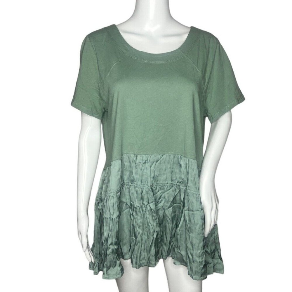 Soft Surroundings Shirt Women Large Sage Green Khole Top Mix Media Tiered Satin